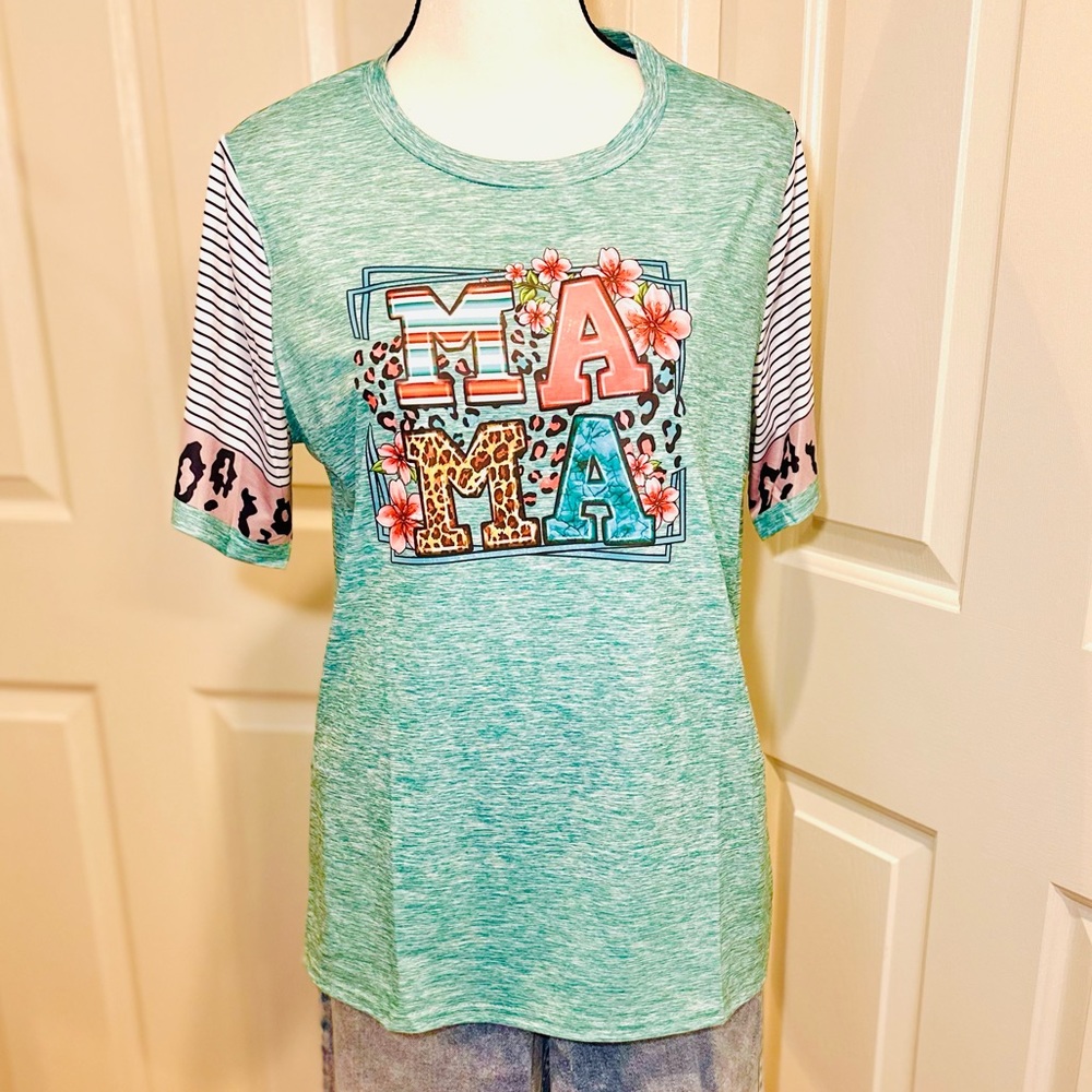 Stripe & Leopard Print Crew Neck T-shirt MAMA Graphics